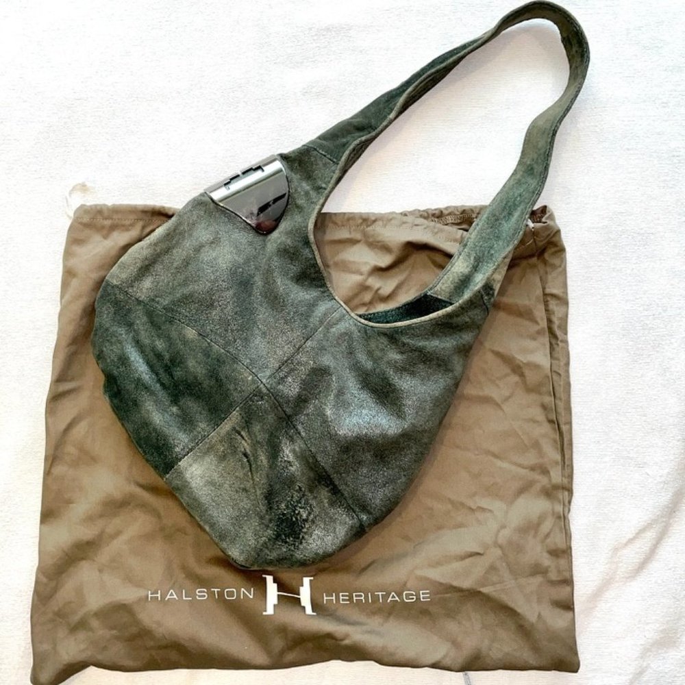 Halston heritage grey-green raw leather shoulder bag with original bag